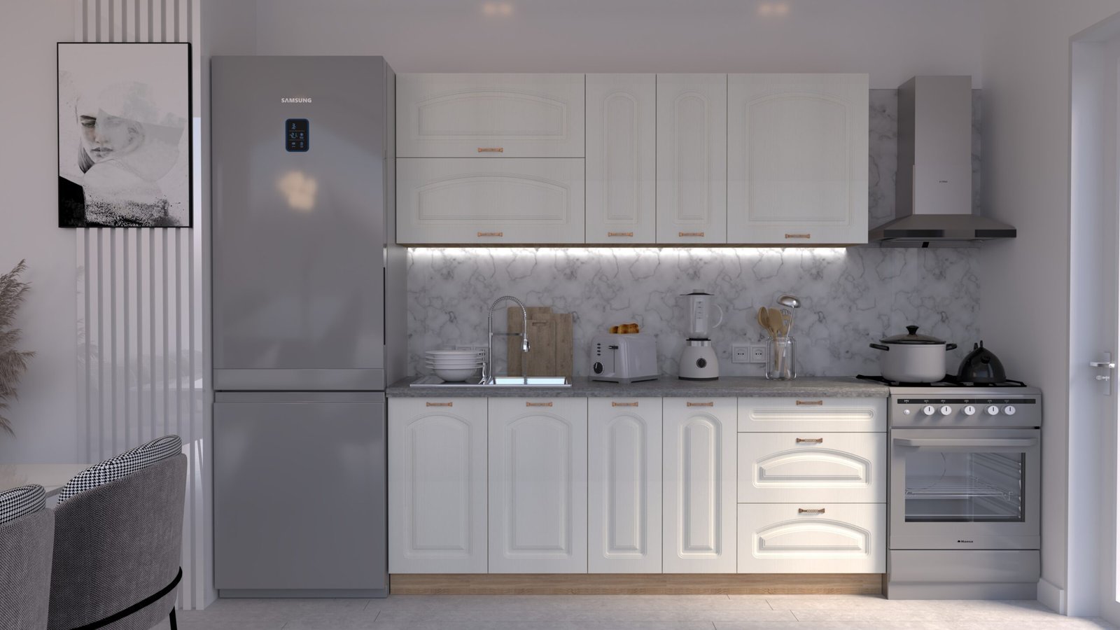 Alb-stejar-2m-C0-CLNEW-scaled-1.jpg Bucătărie Maria Clasic NEW MDF Alb Fibră 2,0m C0 - imagine 1