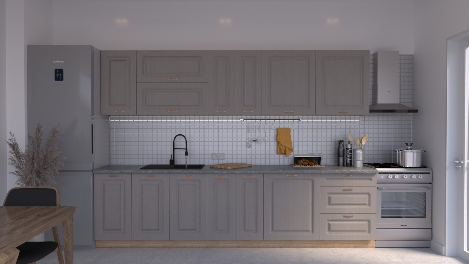 Cappuccino-stejar-3m-C0-RAME-scaled-1.jpg Bucătărie Maria Rame MDF Cappuccino Fibră 3,0m C0 - imagine 1