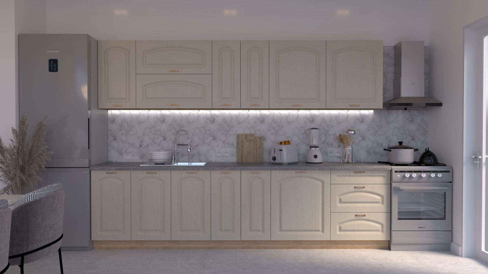 Casmir-stejar-3m-C0-CLNEW-scaled-1.jpg Bucătărie Maria Clasic NEW MDF Cashmir Fibră 3,0m C0 - imagine 1