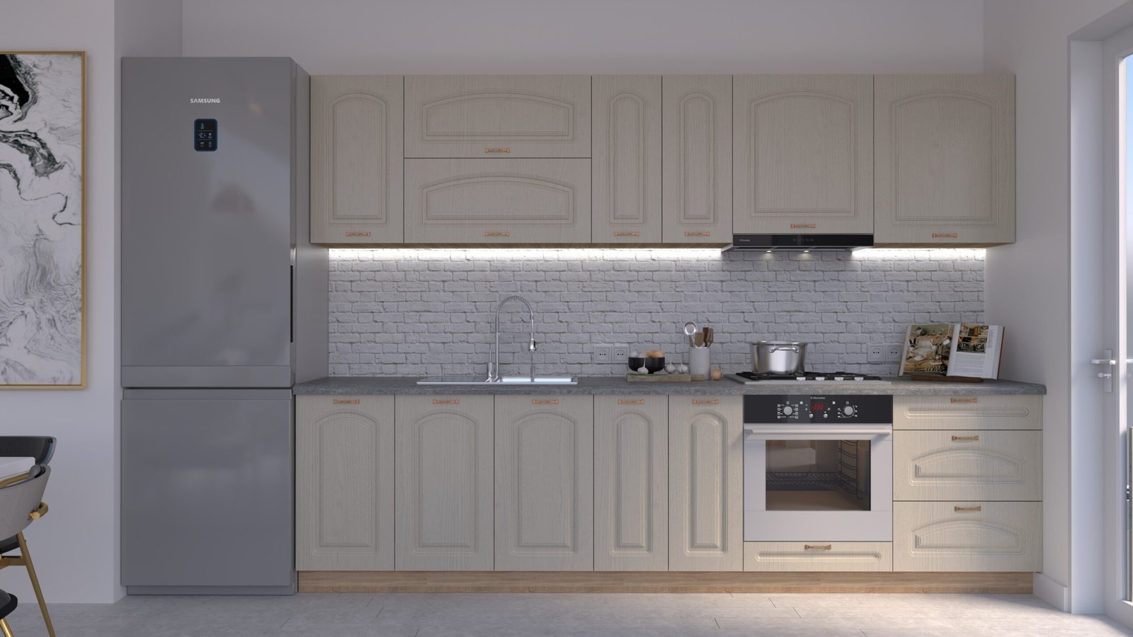 Casmir-stejar-3m-HC-CLNEW-scaled-1.jpg Bucătărie Maria Clasic NEW MDF Cashmir Fibră 3,0m HC - imagine 1