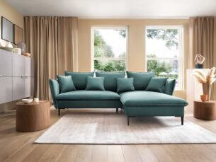 Colțar extensibil GLOSS, spațiu de depozitare, 258x167 cm, culoare verde, stofă catifelată, dreapta - imagine 3