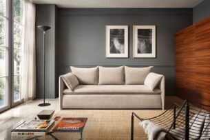 Canapea extensibilă GOLD, 218 cm, culoare bej, stofă velur raiat, spațiu de depozitare, extensia 200x135 cm