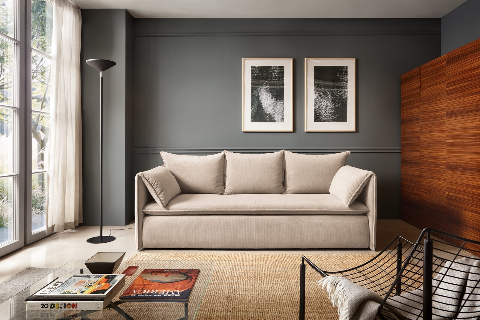 Gold_ar1_2022-scaled-1.jpg Canapea extensibilă GOLD, 218 cm, culoare bej, stofă velur raiat, spațiu de depozitare, extensia 200x135 cm - imagine 1