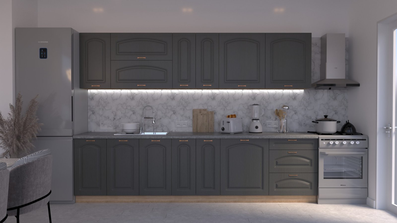 Grafit-stejar-3m-C0-CLNEW-scaled-1.jpg Bucătărie Maria Clasic NEW MDF Grafit Fibră 3,0m C0 - imagine 1