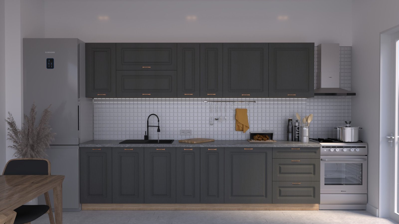 Grafit-stejar-3m-C0-RAME-scaled-1.jpg Bucătărie Maria Rame MDF Grafit Fibră 3,0m C0 - imagine 1