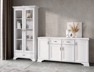 Vitrina inalta stil clasic provensal, 2 usi sticla si sertar, Alb, ELORA, 100 cm - imagine 2