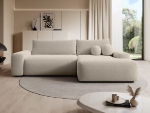 Colțar extensibil LOOP, spațiu de depozitare, 264x162 cm, culoare bej deschis, stofă boucle dens moale, dreapta - imagine 3