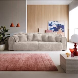 Canapea extensibilă Bravia MAX-size, 302cm, extensie 2 zone, culoare bej, material fluffy velur raiat premium, extensie 244×182 cm