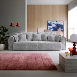 Canapea extensibilă Bravia MAX-size, 302cm, extensie 2 zone, culoare gri, material fluffy velur raiat premium, extensie 244×182 cm