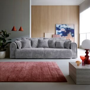 Canapea extensibilă Bravia MAX-size, 302cm, extensie 2 zone, culoare gri închis, material fluffy velur raiat premium, extensie 244×182 cm