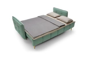 Canapea CAVELLO extensibilă cu ladă de depozitare, stofă impermeabilă, culoare turcoaz, picioare aurii, 225 cm lungime, extensia 200x140 cm - imagine 2