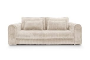 Canapea extensibilă Bravia MINI-size, culoare ivory, material fluffy velur raiat premium, 260cm lungime, extensie 200×160 cm