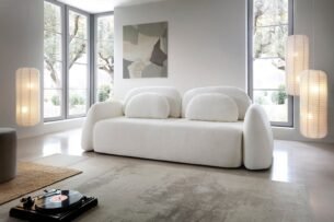 Canapea extensibila MONELLO cu ladă de depozitare, culoare ivory, material boucle fin, 259 cm, extensia 160×200 cm
