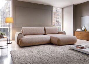 Colțar extensibil POCKET M, spațiu de depozitare, 270x167 cm, culoare roz pudrat, stofă premium, dreapta - imagine 3