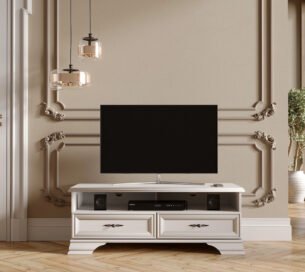 Comoda TV stil clasic provensal, Alb, ELORA, 125 cm - imagine 2