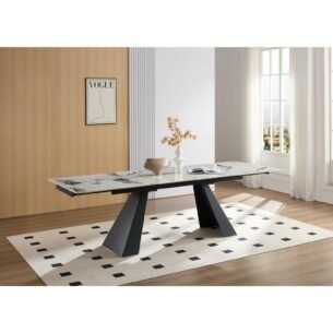 Masa extensibila DONNA, blat piatra sinterizata, 180-260x90x75 cm, alb efect marmura/gri inchis