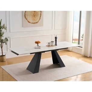 Masa extensibila DONNA, blat piatra sinterizata, 160-240x90x75 cm, alb efect marmura/gri inchis