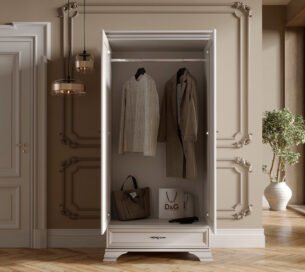 Dulap stil clasic provensal, 2 usi si sertar, bara umerase, Alb, ELORA, 100 cm - imagine 2