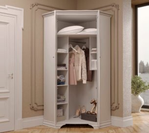 Dulap de colt stil clasic provensal, dressing cu rafturi si bara umerase, Alb, ELORA, 100 cm - imagine 2