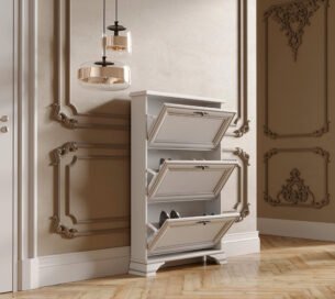 Pantofar inalt stil clasic provensal, 3 rafturi, Alb, ELORA, 80 cm - imagine 2