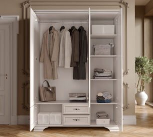 Dulap stil clasic provensal, dressing cu rafuri sertare si bara umerase, Alb, ELORA, 160 cm - imagine 2