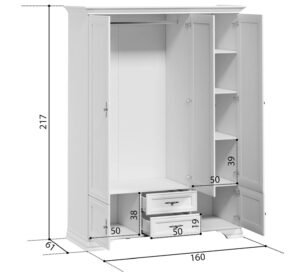 Dulap stil clasic provensal, dressing cu rafuri sertare si bara umerase, Alb, ELORA, 160 cm - imagine 4
