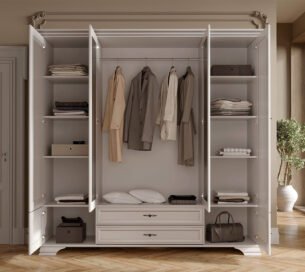 Dulap stil clasic provensal, dressing cu rafuri sertare si bara umerase, Alb, ELORA, 228 cm - imagine 2