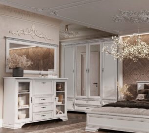 Dulap stil clasic provensal, dressing cu rafuri sertare si bara umerase, Alb, ELORA, 228 cm - imagine 4