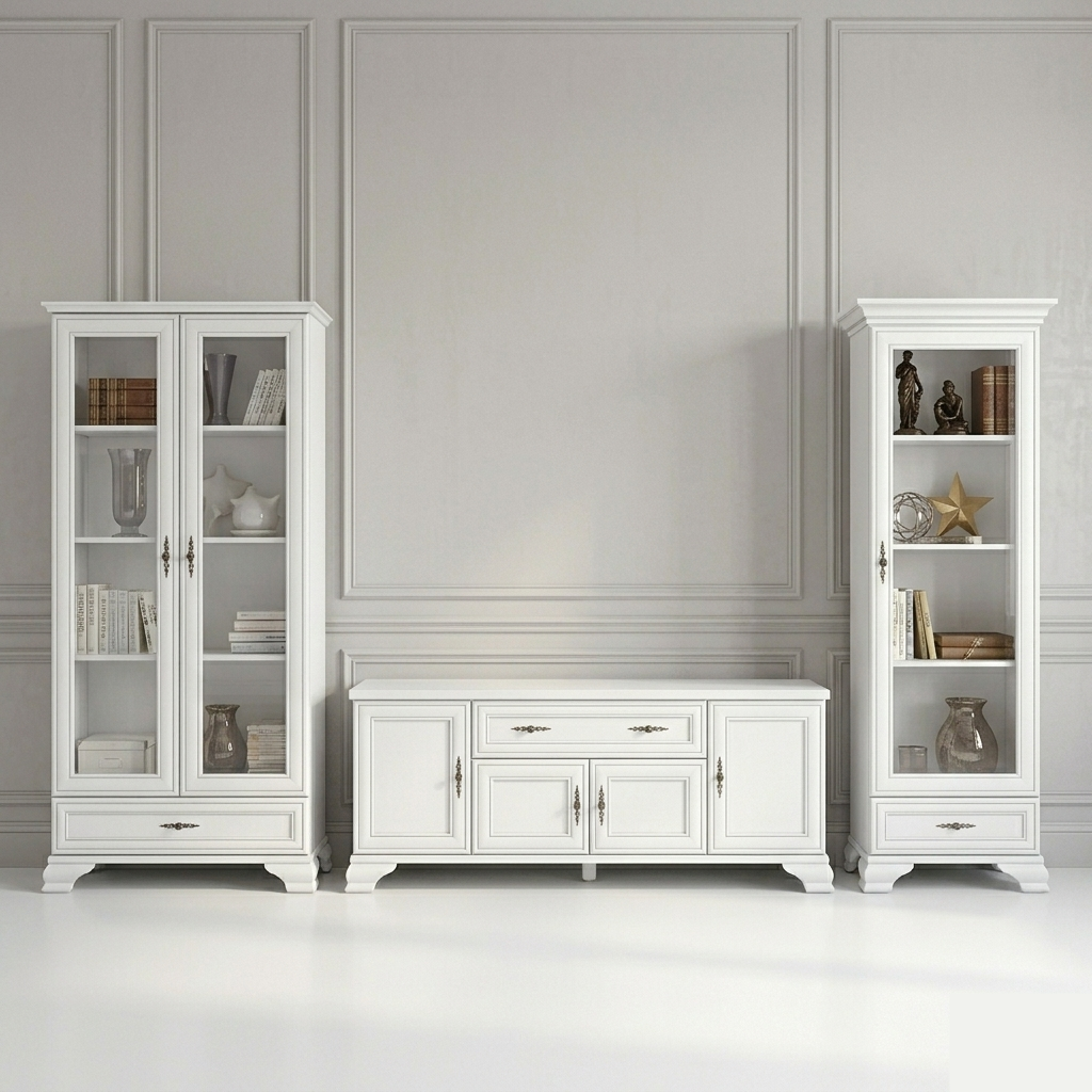elora_set_var6_3piese Set living stil clasic provensal, Varianta 6, 2 vitrine si comoda, Alb, ELORA, 355 cm - imagine 1