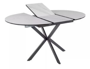 Masa dining rotunda extensibila GASTON, alb mat cu efect de marmura, ceramica/metal, 100/135x100x76 cm - imagine 4