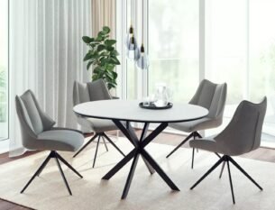 Masa dining rotunda extensibila GASTON, alb mat cu efect de marmura, ceramica/metal, 100/135x100x76 cm - imagine 3