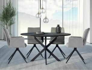 Masa dining rotunda extensibila GASTON, negru mat cu efect de marmura, ceramica/metal, 100/135x100x76 cm - imagine 3