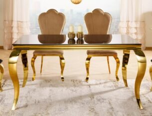 Masa dining PRINCE, negru/auriu, sticla/metal, 150x90x75 cm - imagine 3