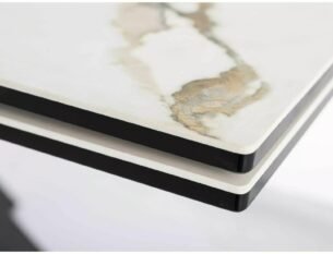 Masa extensibila dining COLUMBUS, alb cu efect de marmura/negru, sticla/ceramica/metal, 160/240x90x76 cm - imagine 3