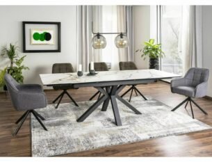 Masa extensibila dining COLUMBUS, alb cu efect de marmura/negru, sticla/ceramica/metal, 160/240x90x76 cm - imagine 2