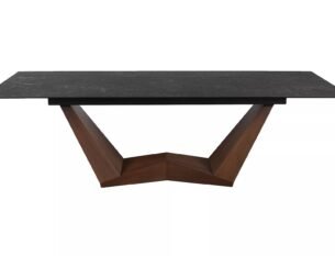 Masa extensibila dining BONUCCI, negru cu efect de marmura/nuc, ceramica+stcila/furnir, 200/250x98x76 cm