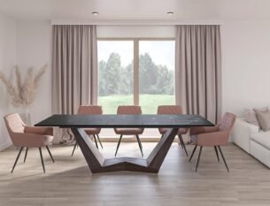 Masa extensibila dining BONUCCI, negru cu efect de marmura/nuc, ceramica+stcila/furnir, 200/250x98x76 cm - imagine 2