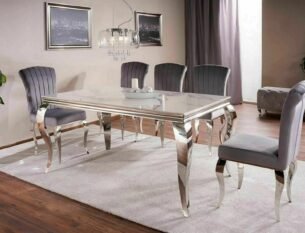 Masa dining PRINCE, alb cu efect de marmura/crom, ceramica/metal, 180x90x75 cm - imagine 2