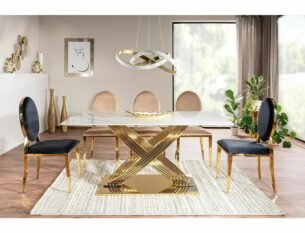 Masa dining HERMES, alb cu efect de marmura/auriu, ceramica/metal, 160x90x75 cm - imagine 2