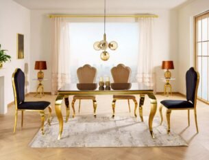 Masa dining PRINCE, negru/auriu, sticla/metal, 150x90x75 cm - imagine 2