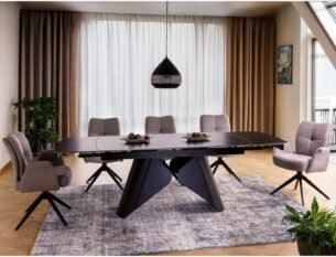 Masa extensibila dining ARMANDO, negru cu efect de marmura, ceramica/metal, 160/240x90x76 cm - imagine 2