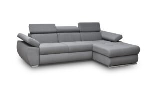 Colțar extensibil LIZBONA I cu ladă de depozitare, stofă premium, culoare gri, 276cm lungime, extensie 217×130 cm, dreapta