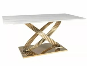 Masa dining HERMES, alb cu efect de marmura/auriu, ceramica/metal, 160x90x75 cm