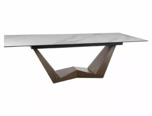 Masa extensibila dining BONUCCI, alb cu efect de marmura/nuc, sticla/ceramica/furnir, 200/250x98x76 cm