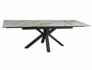 Masa extensibila dining COLUMBUS, alb cu efect de marmura/negru, sticla/ceramica/metal, 160/240x90x76 cm
