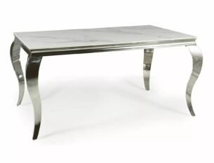 Masa dining PRINCE, alb cu efect de marmura/crom, ceramica/metal, 180x90x75 cm