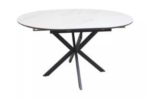 Masa dining rotunda extensibila GASTON, alb mat cu efect de marmura, ceramica/metal, 100/135x100x76 cm