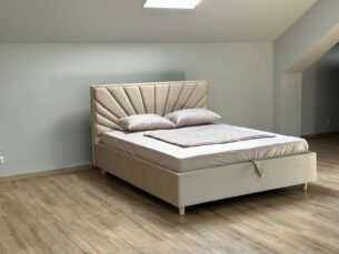 Pat tapițat SUNNY 160x200, material catifea, somieră metalică rabatabilă, spațiu depozitare, seria MODERN