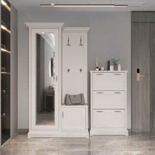 Cuier elegant cu oglinda, rafturi si bara extensibila, MDF, Casmir, CLARA, 120 cm stanga - imagine 3