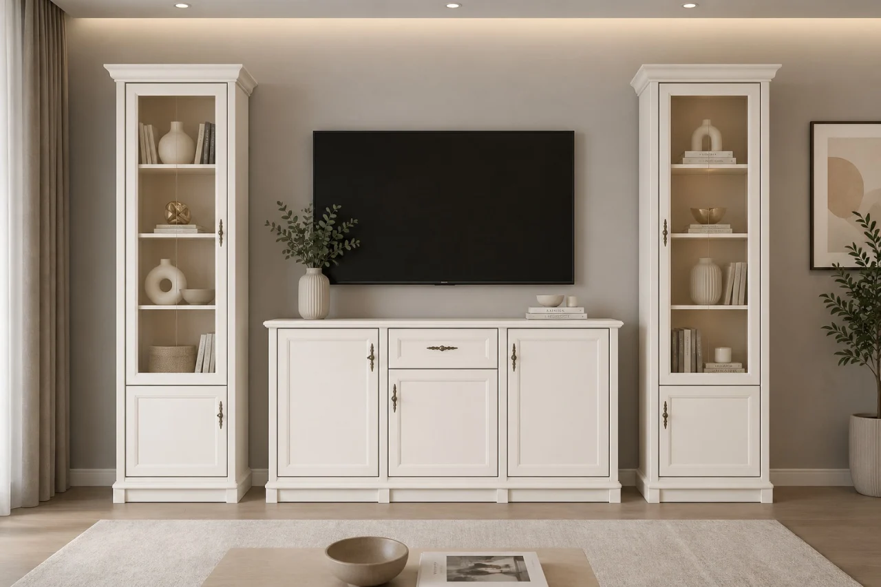 carla-living_2vitrinesicomoda Set living elegant 3 piese, format din 2 vitrine inalte si comoda cu dulapuri si sertar, MDF, Casmir, CARLA 295 cm - imagine 1